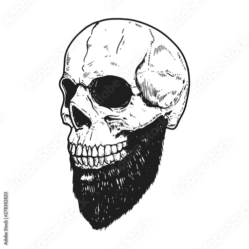 Hand drawn human skull with beard on light background. Design element for logo, label, sign, pin,poster, t shirt. Vector illustration