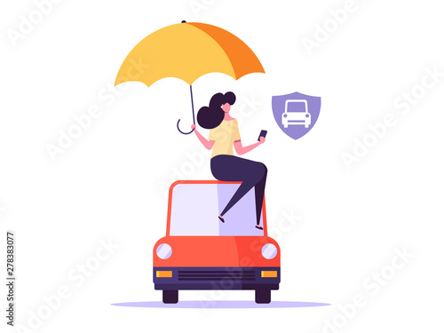 Car insurance, auto protection, automobile safety and insurance agent concept. Agent in a suit with case protects client and car. Vector illustration in flat cartoon design