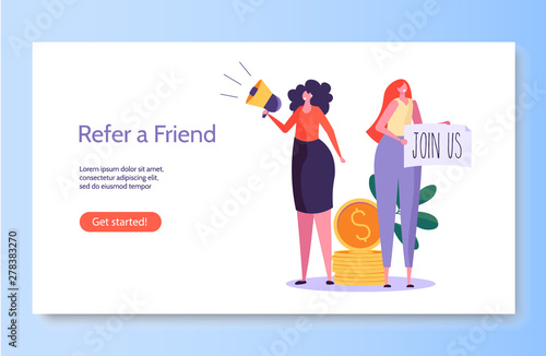 Refer a friend vector illustration concept. Group of young man and woman attracts customers for money and gifts. Referral program and social media marketing for friends