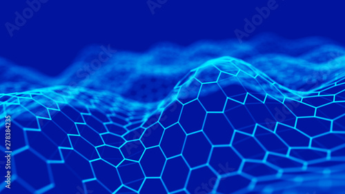 Futuristic blue hexagon background. Futuristic honeycomb concept. Wave of particles. 3D rendering.