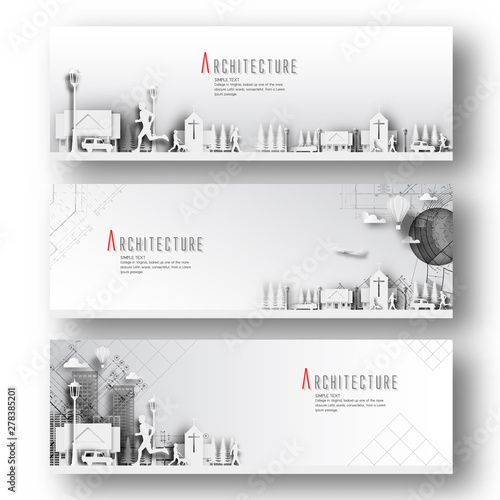 Set of horizontal banners with architectural and Blueprint background.