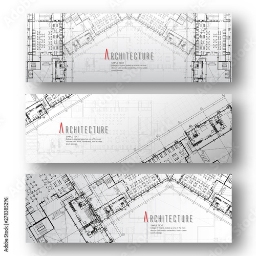 Set of horizontal banners with architectural and Blueprint background.