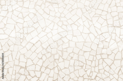 Broken tiles mosaic seamless pattern. Pink tile real wall high resolution real photo or brick seamless with texture interior background. Abstract wallpaper irregular in bathroom. © Phokin