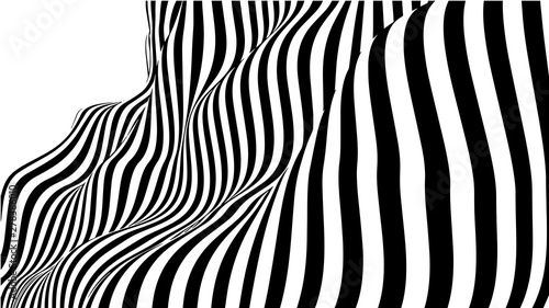 Optical illusion wave. Abstract 3d black and white illusions. Horizontal lines stripes pattern or background with wavy distortion effect. Vector illustration.