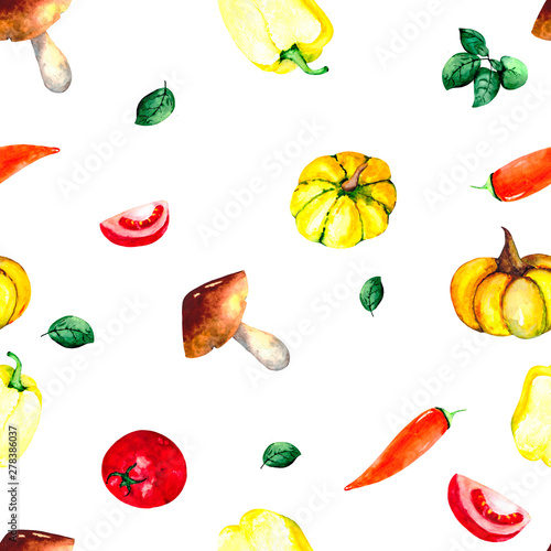 Fototapeta Naklejka Na Ścianę i Meble -  Watercolor pattern with fresh vegetables: tomatoes, peppers, pumpkins and fresh Basil. Bright illustration for Wallpaper, textiles, packaging and backgrounds on the theme of fresh food.