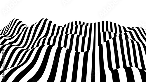 Optical illusion wave. Abstract 3d black and white illusions. Horizontal lines stripes pattern or background with wavy distortion effect. Vector illustration.