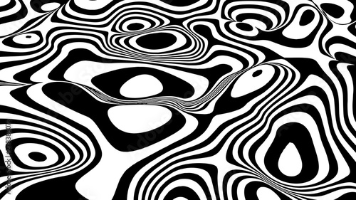 Optical illusion wave. Abstract 3d black and white illusions. Horizontal lines stripes pattern or background with wavy distortion effect. Vector illustration.