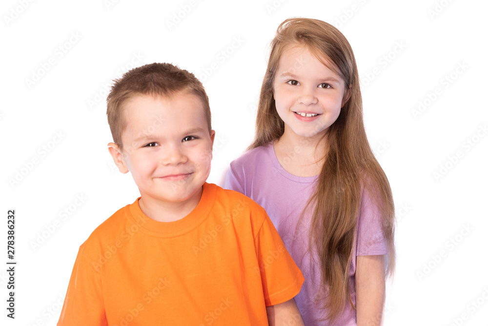 Little cute boy and girl smiling, isolated on white background Little cute boy and girl smiling, isolated on white background