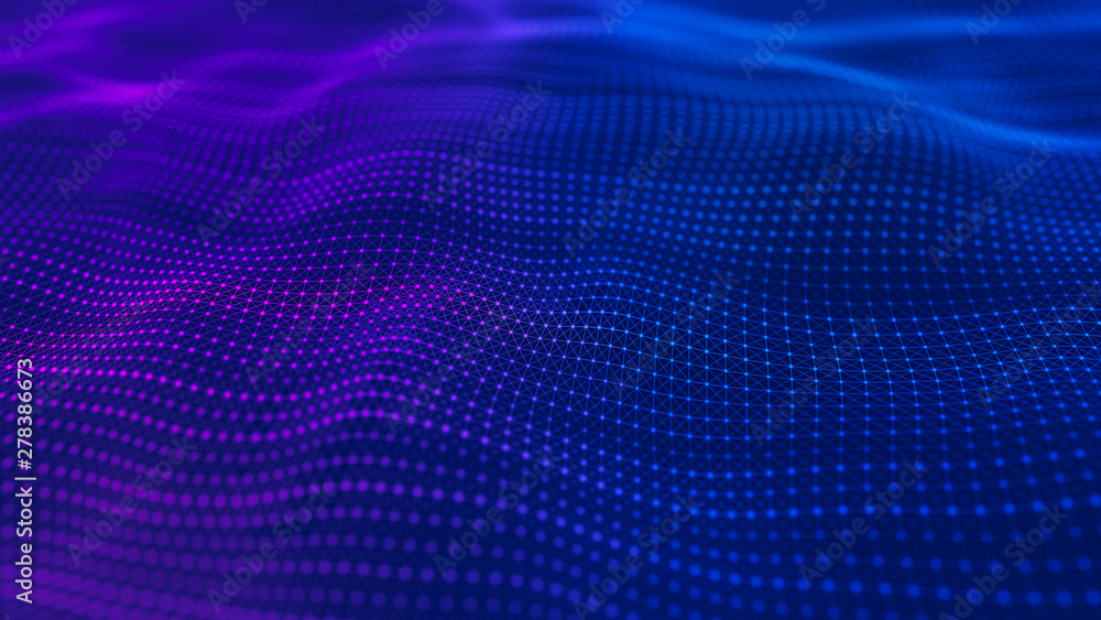 Wave 3d. Wave of particles. Abstract Blue Geometric Background. Big data visualization. Data technology abstract futuristic illustration. 3d rendering. Wave 3d. Wave of particles. Abstract Blue Geometric Background. Big data visualization. Data technology abstract futuristic illustration. 3d rendering.