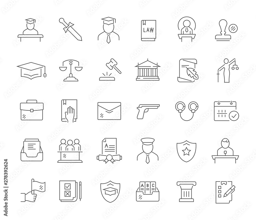 Set Vector Line Icons of Jurisprudence Set Vector Line Icons of Jurisprudence