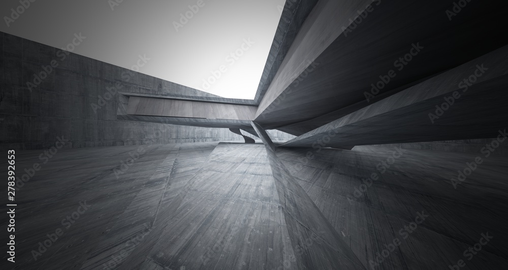 Abstract architectural concrete interior of a minimalist house. 3D illustration and rendering.