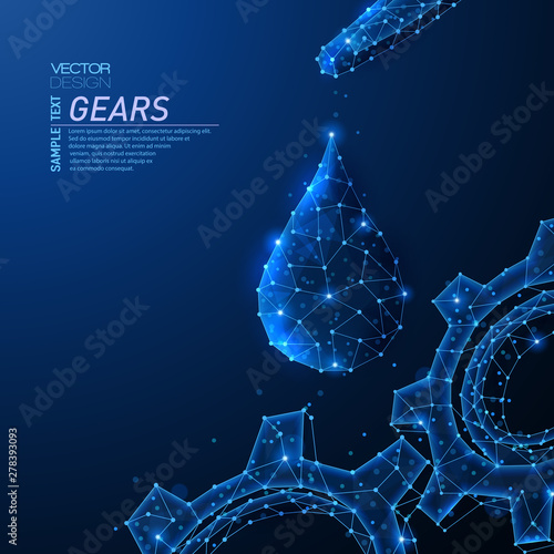 Abstract polygonal light design of cog gear with oil drop, pipette.