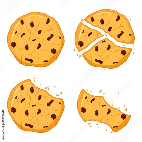 Chocolate chips cookies isolated on white background. Bitten, broken, cookie crumbs. Sweet food cookies icon. Biscuit, small baked, crisp pastry with crush fragments. Vector illustration