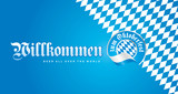 Welcome to Oktoberfest (German language - Willkommen zum Oktoberfest) calligraphic lettering logo blue white background banner