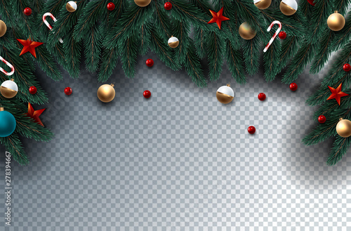 Christmas holiday decoration with branches of tree and pine and garland on transparent background. Vector illustration