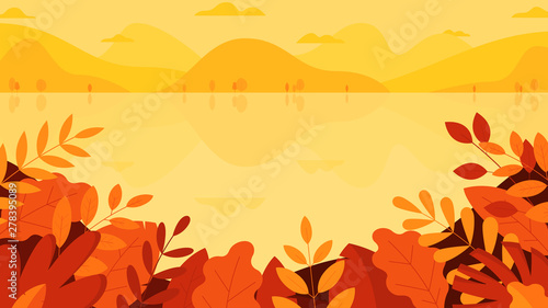 Beautiful autumn landscape illustration. Seasonal nature background with autumn leaves. Social media banner, promo design template. Vector illustration in flat style.