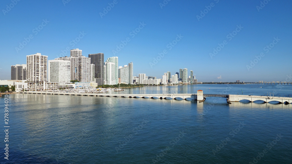 The Venetian Causeway between Miami and Miami Beach, Florida, on a clear autumn morning.
