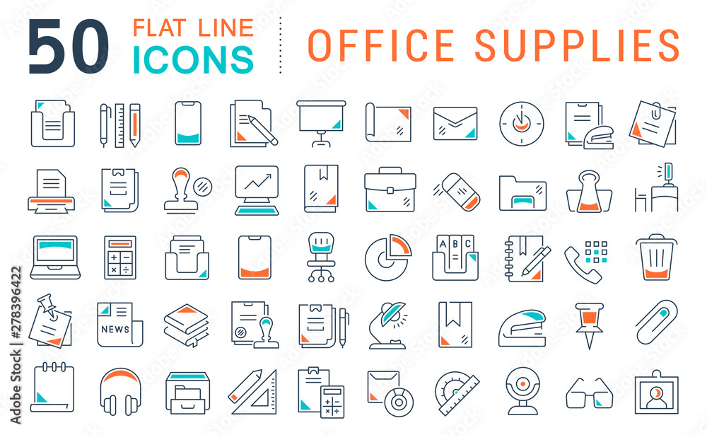 Set Vector Line Icons of Office Supplies Set Vector Line Icons of Office Supplies