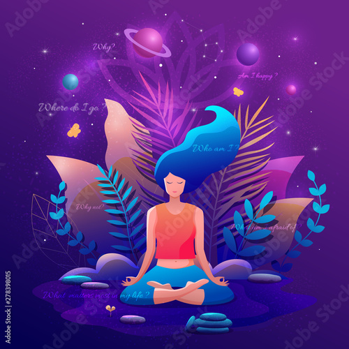 Woman sitting in lotus position practicing meditation. Yoga girl vector illustration.