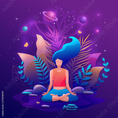 Woman sitting in lotus position practicing meditation. Yoga girl vector illustration. © Svetlana