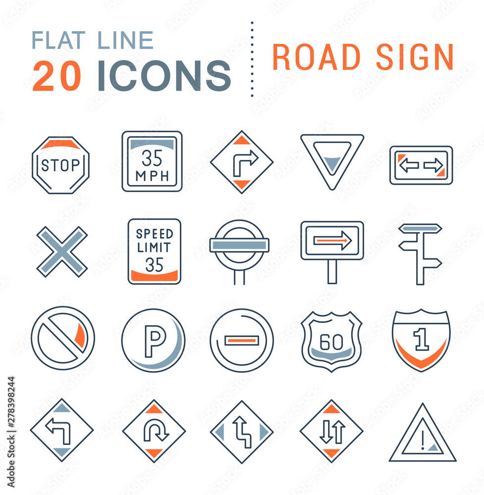 Set Vector Line Icons of Road Sign Set Vector Line Icons of Road Sign