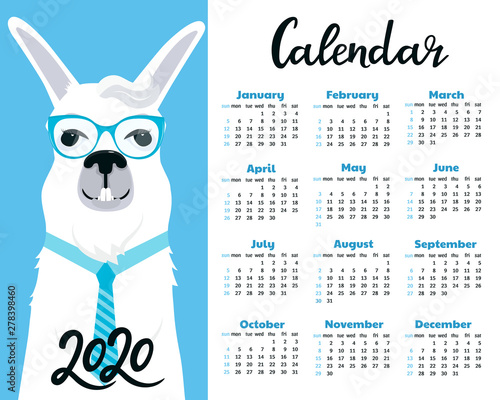 Calendar for 2020. Week start on Sunday. Business Llama with eyeglasses and tie.
