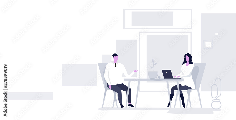 businesspeople man woman sitting at workplace desk business people couple working together brainstorming teamwork concept modern office interior full length sketch horizontal
