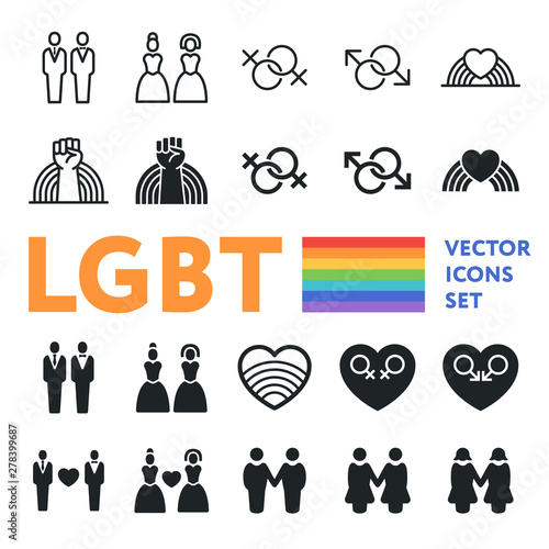 LGBT Gay Lesbian Couple Homosexual Rainbow Pride Love. Flat Vector Icon Set.