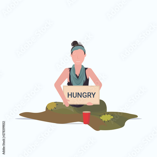 sad woman beggar holding sign board with hungry text girl tramp begging for help homeless concept flat full length white background