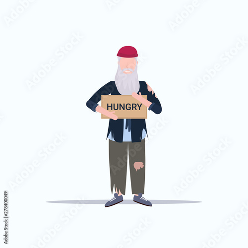 man beggar holding sign board with hungry text tramp begging for help homeless concept flat full length white background