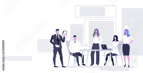 businesspeople team discussing new project during brainstorming meeting business people group talking on briefing teamwork concept modern conference room office interior horizontal full length