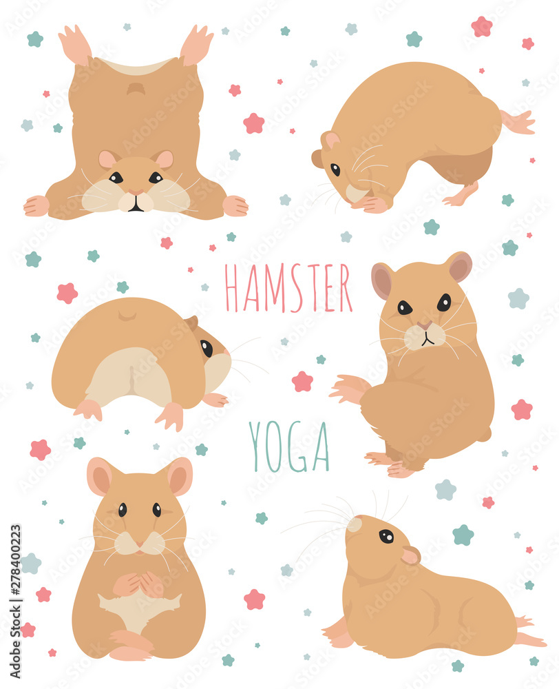 Hamsters yoga poses and exercises. Cute cartoon clipart set