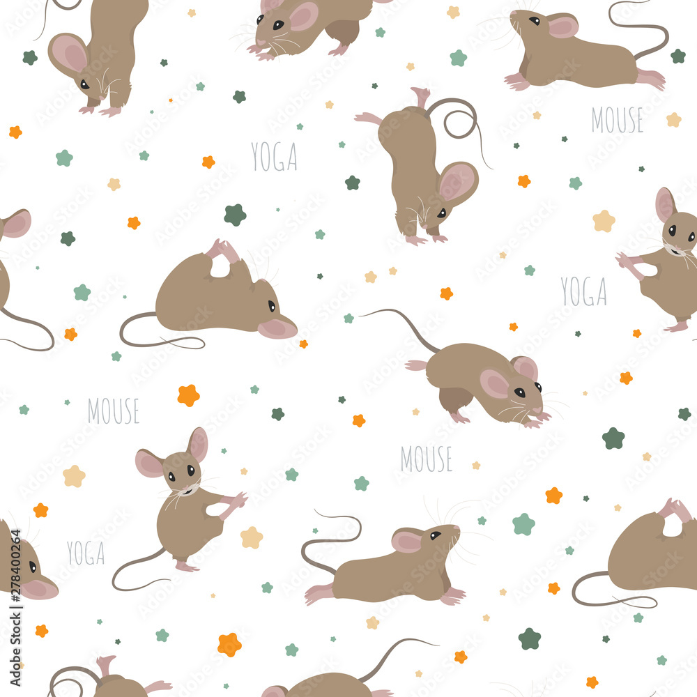 Mouse yoga poses and exercises. Cute cartoon clipart set