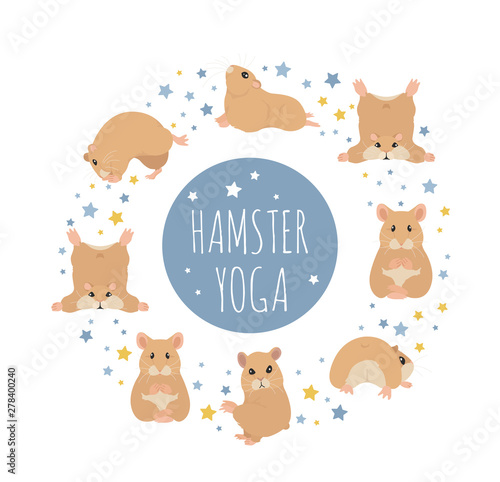 Hamsters yoga poses and exercises. Cute cartoon clipart set