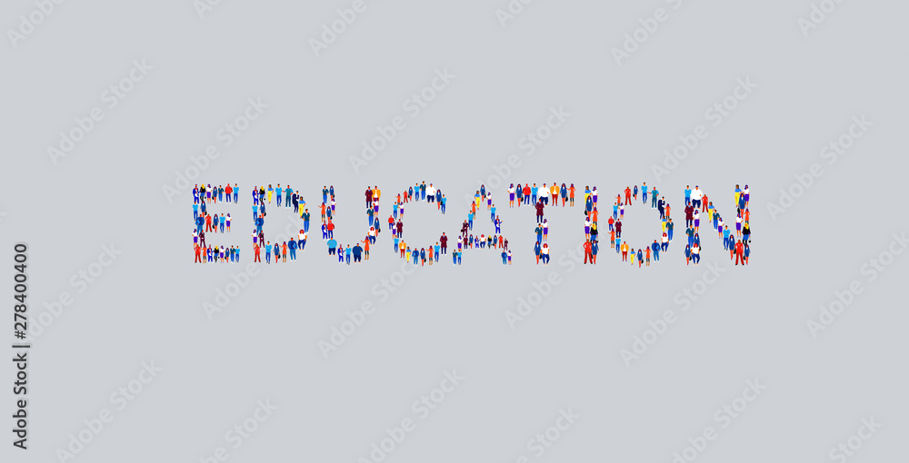 Obraz premium businesspeople crowd gathering in shape of education word different business people employees group standing together social media community concept flat horizontal