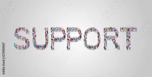 people crowd gathering in shape of support word different occupation employees mix race workers group standing together social media community concept flat horizontal