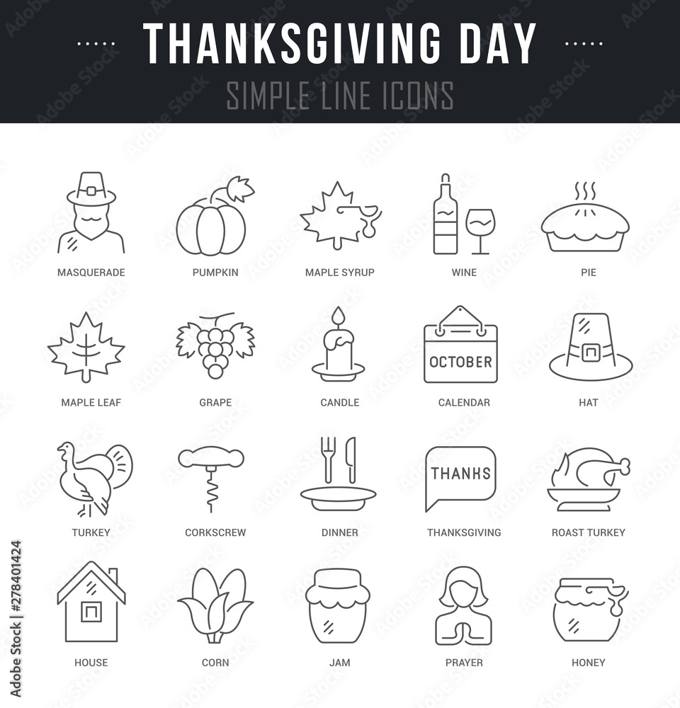 Set Vector Line Icons of Thanksgiving Day