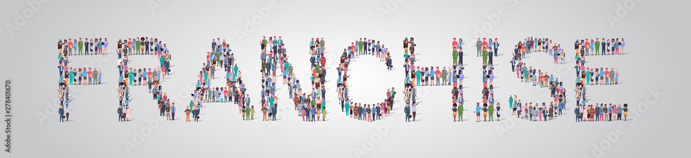 people crowd gathering in shape of franchise word different occupation employees mix race workers group standing together social media community concept flat horizontal people crowd gathering in shape of franchise word different occupation employees mix race workers group standing together social media community concept flat horizontal