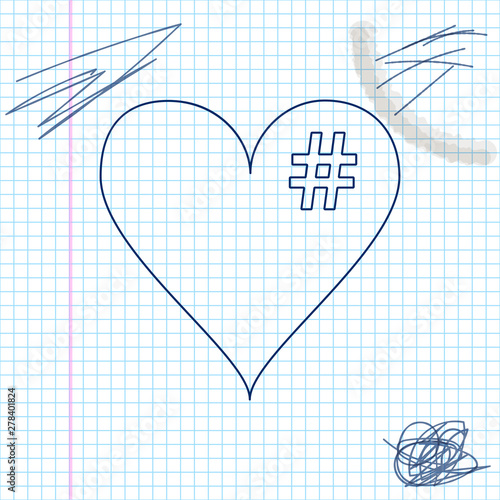 The hash love icon. Hashtag heart symbol line sketch icon isolated on white background. Vector Illustration