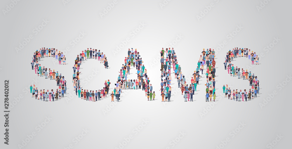 people crowd gathering in shape of scams word different occupation employees mix race workers group standing together social media community concept flat horizontal people crowd gathering in shape of scams word different occupation employees mix race workers group standing together social media community concept flat horizontal