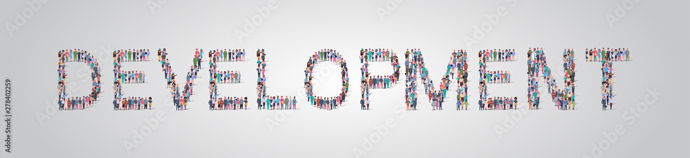 people crowd gathering in shape of development word different occupation employees mix race workers group standing together social media community concept flat horizontal people crowd gathering in shape of development word different occupation employees mix race workers group standing together social media community concept flat horizontal