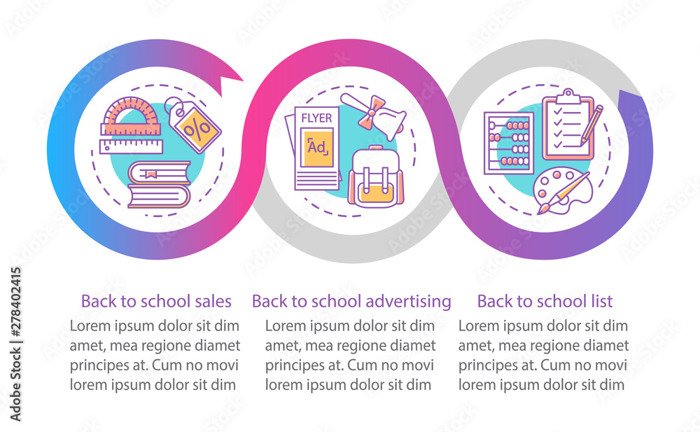 Back to school sales vector infographic template. Business presentation design elements. Data visualization with three steps and options. Process timeline chart. Workflow layout with linear icons Back to school sales vector infographic template. Business presentation design elements. Data visualization with three steps and options. Process timeline chart. Workflow layout with linear icons