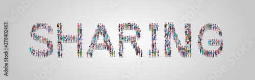 people crowd gathering in shape of sharing word different occupation employees mix race workers group standing together social media community concept flat horizontal