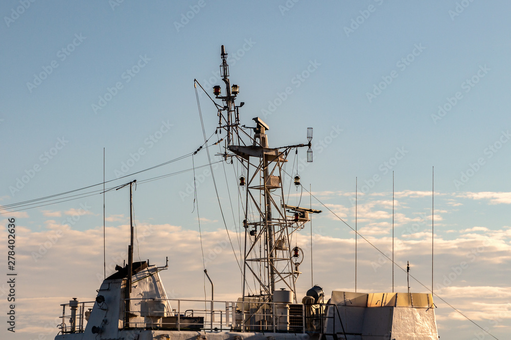 antennas and navigation equipment on the cabin roof of a warship. modern means of reconnaissance and detection of the enemy