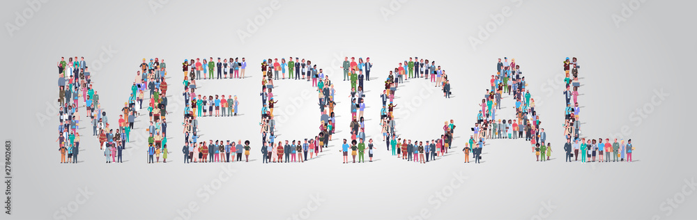 people crowd gathering in shape of medical word different occupation employees mix race workers group standing together social media community concept flat horizontal people crowd gathering in shape of medical word different occupation employees mix race workers group standing together social media community concept flat horizontal