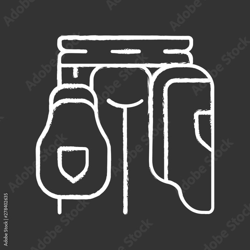 Cricket thigh guard chalk icon. Body protection for batsman. Thigh pad. Sports protective gear. Athletics securing equipment. Bat and ball team game. Isolated vector chalkboard illustration