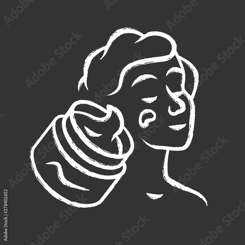 Moisturizing facial cream jar chalk icon. Cosmetic product isolated vector chalkboard illustration. Routine skin care procedure. Feminine hygiene, cosmetology, dermatology. Woman applying face lotion