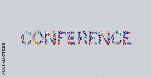businesspeople crowd gathering in shape of conference word different business people employees group standing together social media community concept flat horizontal