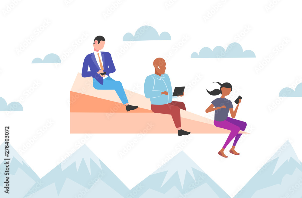 people flying on paper airplane mix race colleagues team using gadgets traveling together digital addiction concept mountains landscape background horizontal flat people flying on paper airplane mix race colleagues team using gadgets traveling together digital addiction concept mountains landscape background horizontal flat