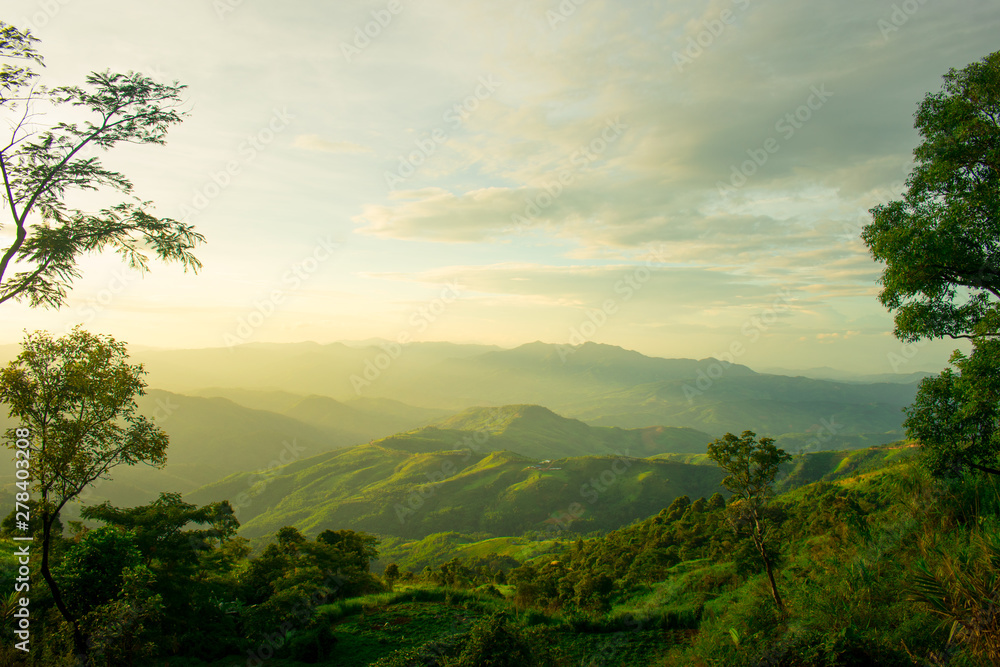 The longitudinal mountains and the setting sun and the forest on Doi Tung - obrazy, fototapety, plakaty 